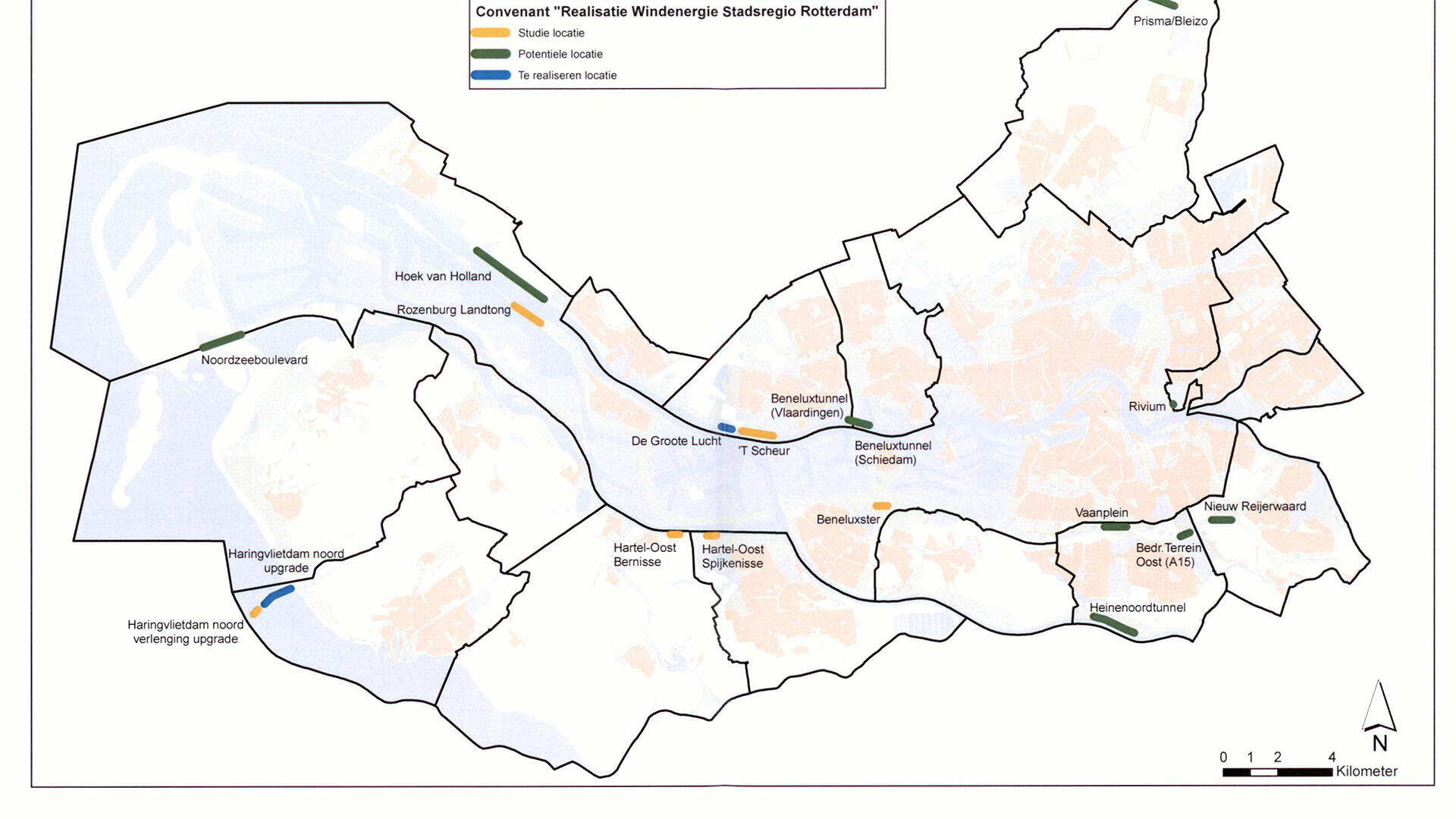 Kaart met locaties windmolens behorende bij het convenant windenergie.