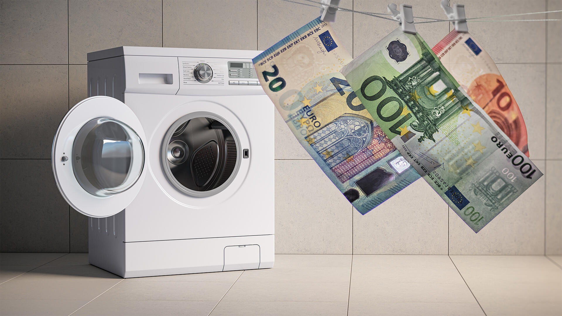 Wasmachine + waslijn met eurobiljetten